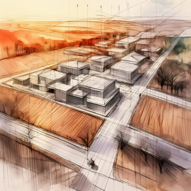 Firefly Croqui de projeto de um grande loteamento de terrenos para construção de casas. Vemos do alt